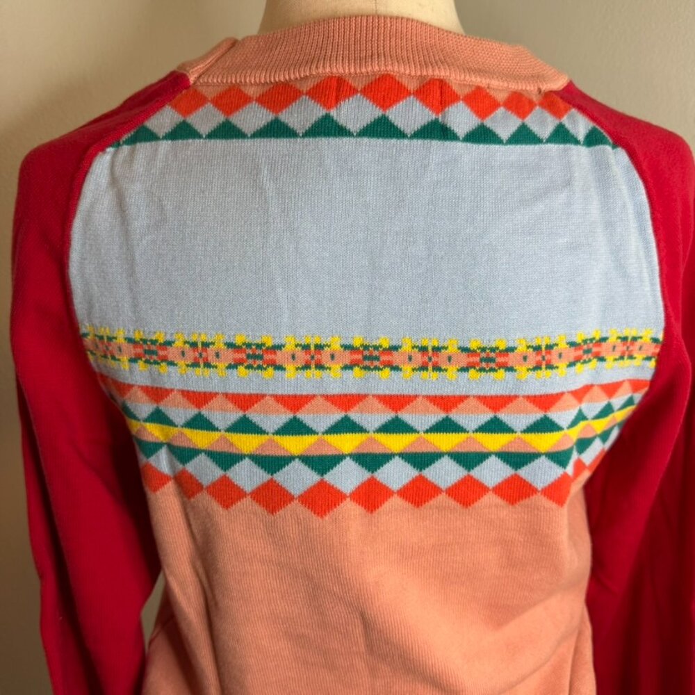 OXKnit Jacquard Fair Isle Yoke Sweater Vintage style Pink Red 100% Cotton Sz M - Picture 6 of 13